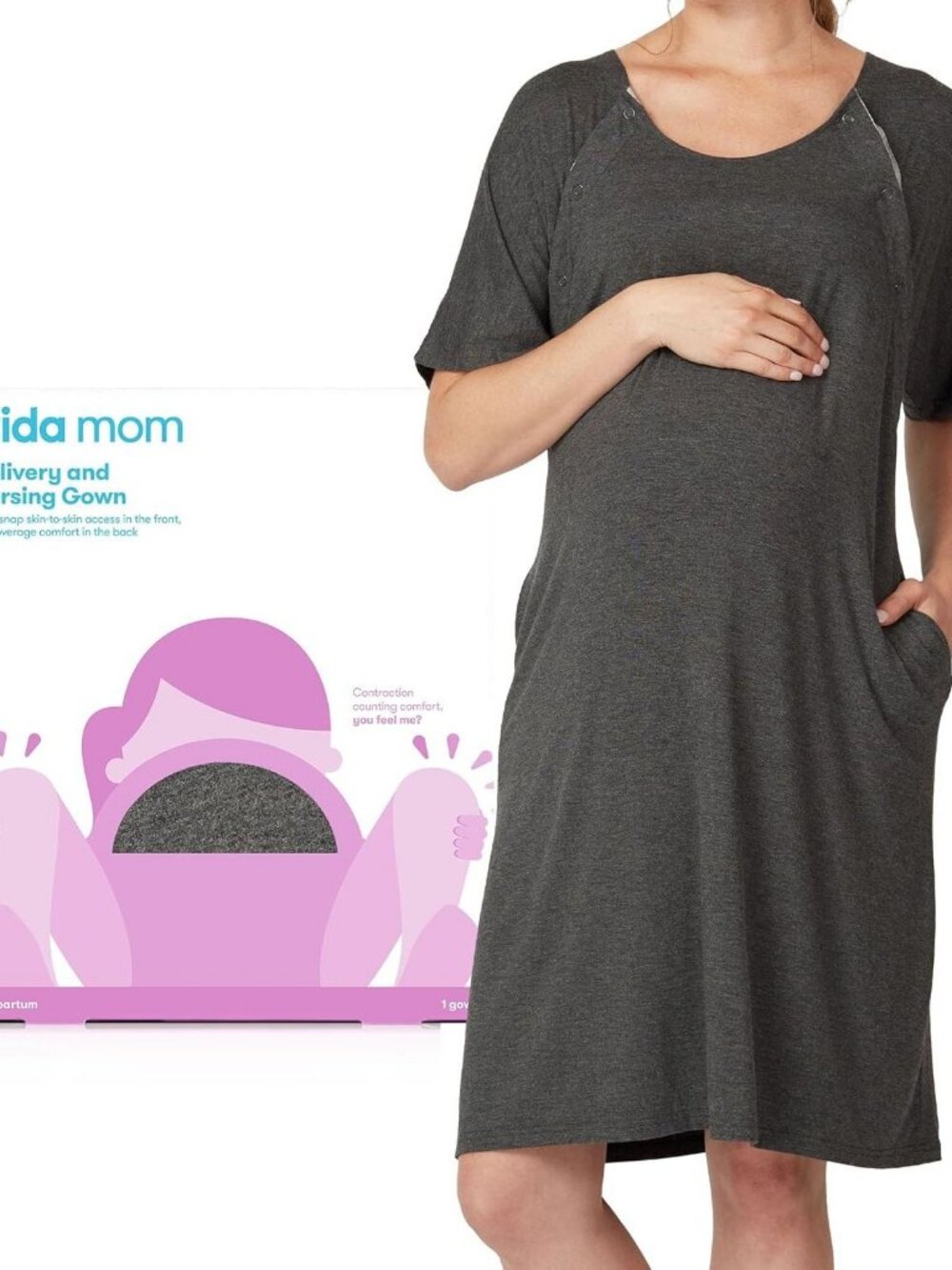 Mom Labor and Delivery Gown for Hospital, Easy-Snap, Tagless Nursing Gown with S